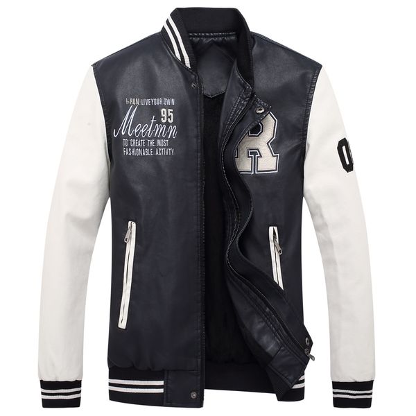 

new 2019 brand embroidery baseball jackets men pu faux leather jacket male casual luxury fleece pilot letter stand bomber coat, Black