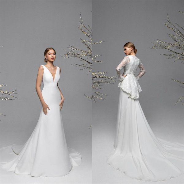 

wedding dresses with outfit v-neck sleeveless ruched satin bridal gown appliqued lace beaded sweep train robes de mariÃ©e sale, White