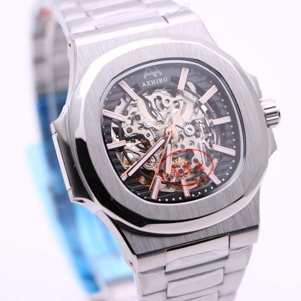 

aehibo dial oval watches folding buckle case mens skeleton transparent hollowed-out back sapphire wristwaches watch automatic mjhsh, Slivery;brown