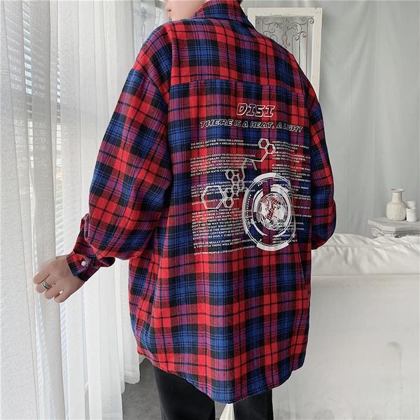 

hi-hop men's retro plaid long-sleeved shirt summer men's loose plus size shirt men korean clothes casual for men, White;black