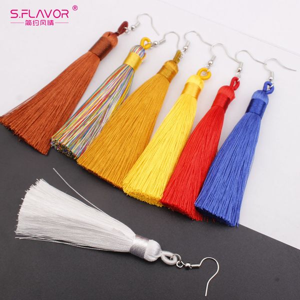 

s.flavor fashion bohemian tassel crystal long earrings black white red colorful drop dangle tassel earrings for women jewelry, Silver