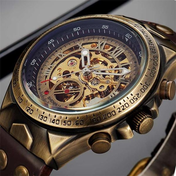 

мужчины часы скелет автоматические механические часы мужской top brand люкс ретро бронзовый спорт военные наручные часы relogio j190705 мужч, Slivery;brown