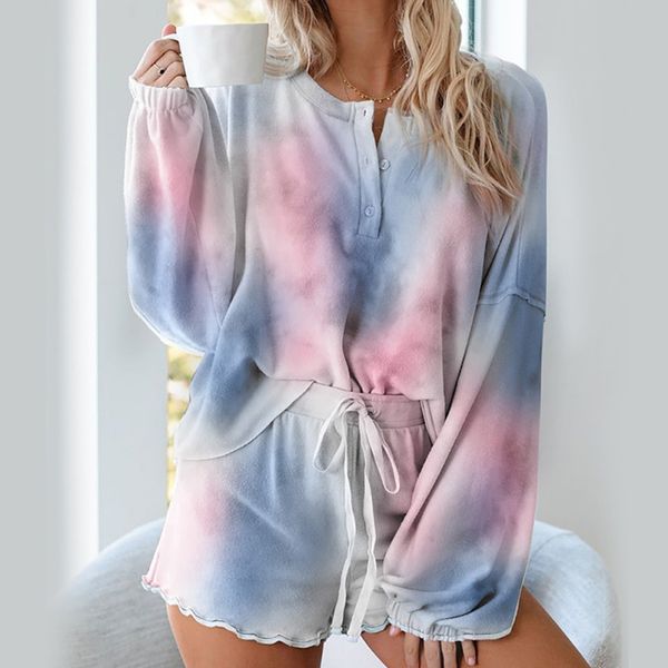 

women's sleepwear women summer tie-dye pajamas suit home service two-piece girls casual long-sleeved shorts suits, Black;red