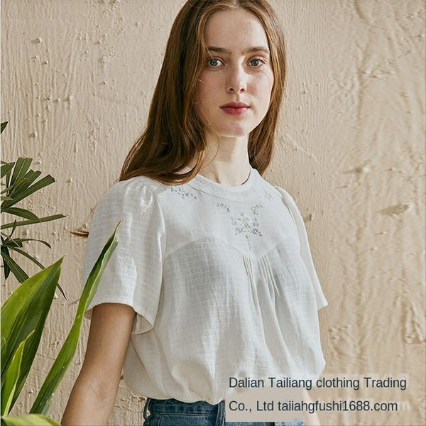 

dalian ailiang women's clothing embroidery pleated lower swing fork casual short-sleeved shirt dalian tailiang women's clothing em, White