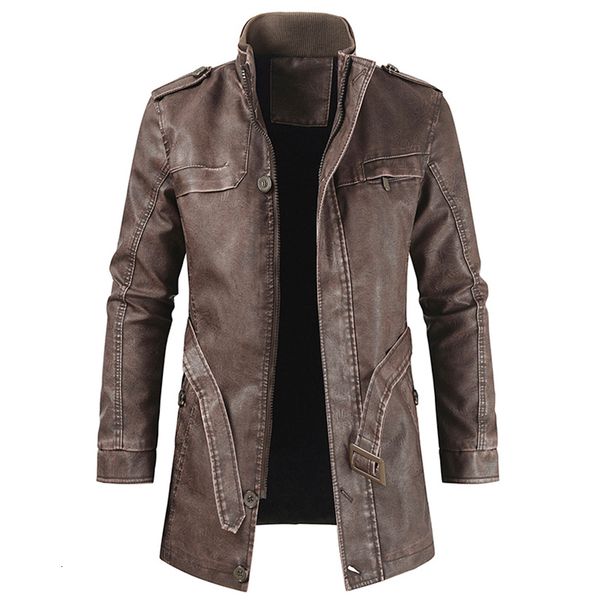 

men winter brand new long thick fleece leather jacket parkas men outfit fashion warm casual vintage faux leather jacket coat, Black