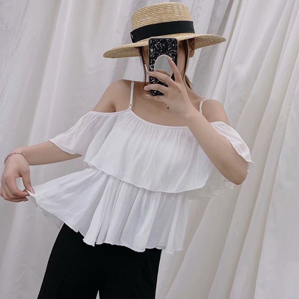 

2019 women fashion slash neck sweet white blouse female summer spaghetti strap tie rope ruffles double layer loose blusas