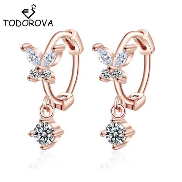 

todorova new butterfly earrings rose gold color cubic zircon hoop earrings for women loop huggies earring jewelry, Golden;silver