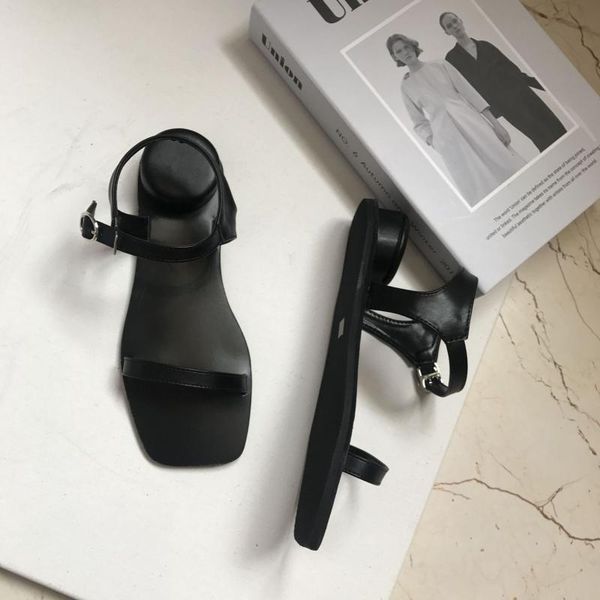 

clear heels square toe flat sandal shoe comfort shoes for women female sandals buckle strap 2020 summer all-match flower, Black