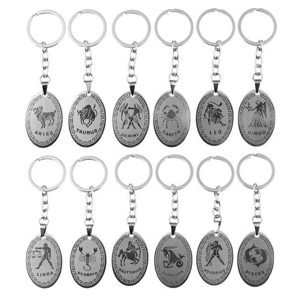 

12 constellations stainless steel keyrings couples keychains handbag bag keyfob mini metal key ring lovers kids charm gifts(opp bag, Silver