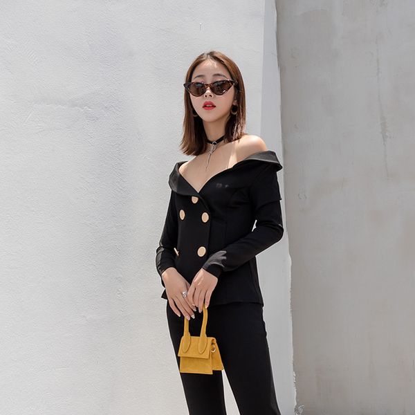 

ewq] 2019 autumn winter spring fashion long sleeve asymmetrical v-collar double breasted casaual short coat women ac671, Black;brown