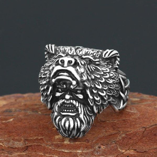 

nordic viking bear man amulet worrior amulet stainless steel ring with valknut rune gift bag, Silver