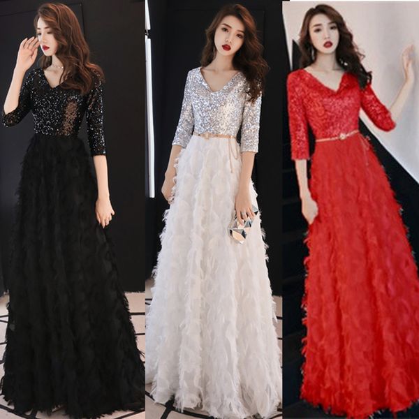 

мода платье женщин элегантный банкет длинные v-образным вырезом блесток тонкий платье высокой талией длиной до пола одежда красный черный се, Black;gray