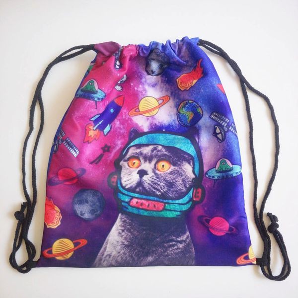 

fashion 3d drawstring printing cat women men backpacks bags shoes pouch pocket outdoor sports bag worek plecak sznurek er