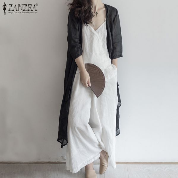 

women's blouses & shirts 2021 summer elegant work long cardigan zanzea women 3/4 sleeve blouse solid split kimono female blusas shirt, White