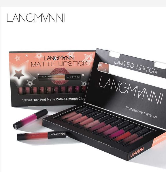 

langmanni 12pcs/set matte lipstick waterproof batom long lasting lip gloss velvet mate liquid lipstick red lips tint makeup