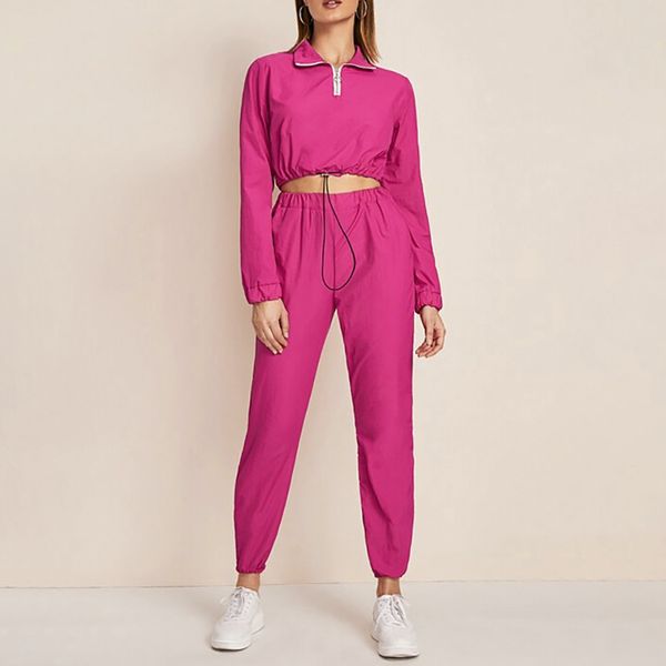 

women's sports suits tracksuit fashion womens long sleeve drawstring zipper pocket pants casual sports set conjunto feme#g3, White;black
