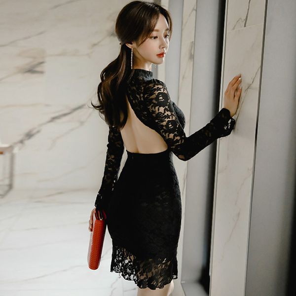 

весна новая корея оболочка оборками сексуальная спинка клубное платье женская ткань полный кружева мини черный женский vestidos, Black;gray