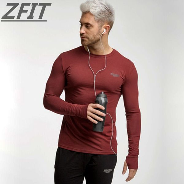 

zfit 2019 brand summer round collar tees men's long sleeve t-shirt sports fitness men's shirt running gym men t shirt, Black;red