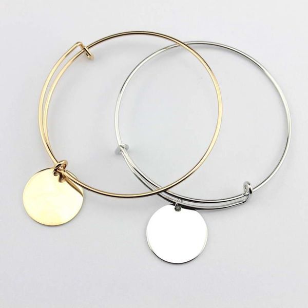 

2018 gold rhodium plated initial blanks bangle fashion monogram blanks charm bangles flat round disc engraved bangle bracelet adjustable, Golden;silver