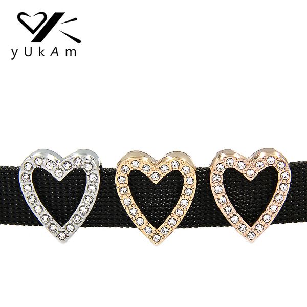 

yukam crystal rhinestones pave hollow heart slide charms keeper for stainless steel mesh bracelet diy jewelry accessories making, Bronze;silver