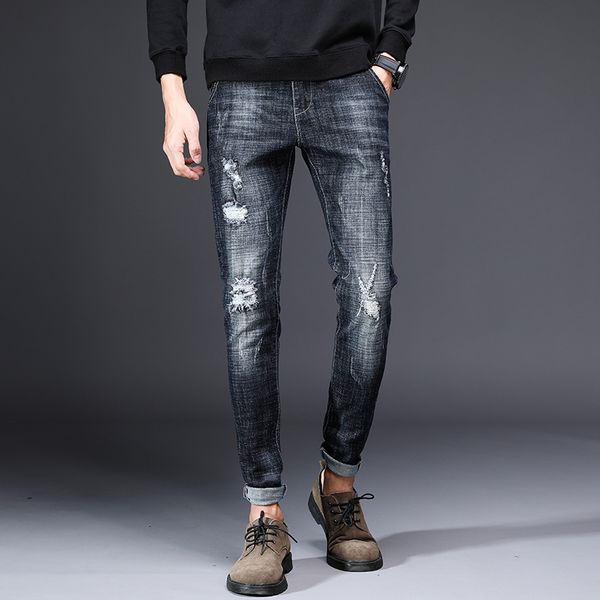 

fashion male jeans slim fir hole jeans korean style denim trousers for men pants, Blue