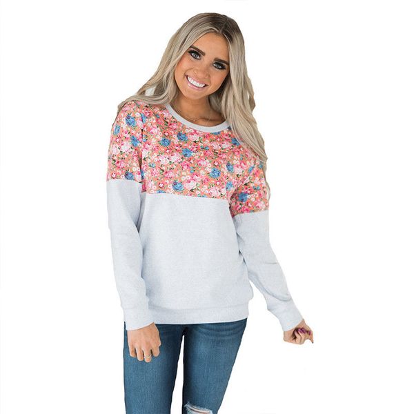 

2018 new arrivals black white floral solid patchwork casual women tees long sleeve vintage simple style o-neck t-shirt ladies