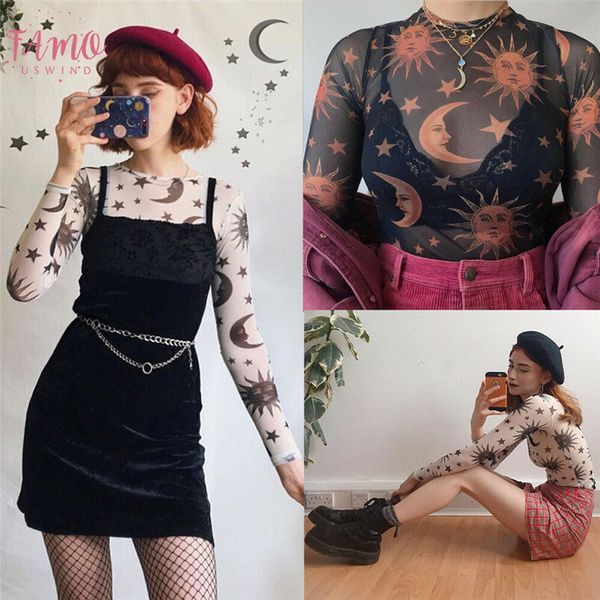 

100% cotton 2019 new women floral mesh sheer long sleeve t shirt crop turtleneck sun pattern see through summer hot, White