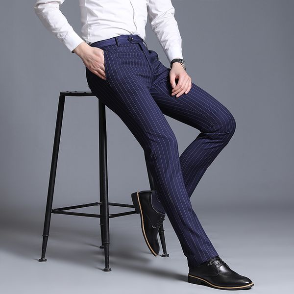 

2020 men's summer suit trousers men's fashion business casual slim formal suit pants wedding bridegroom stripe trousers size 38, White;black