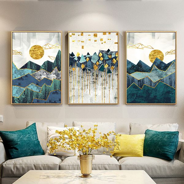 

nordic abstract geometric mountain landscape wall art canvas painting golden sun art poster print wall picture for living room