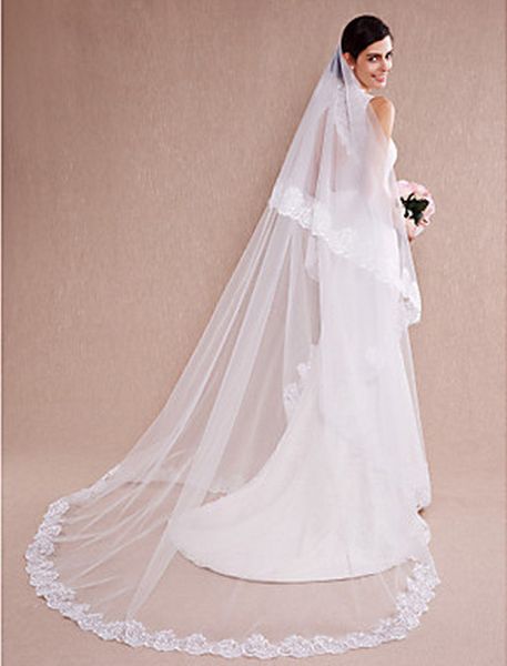 

fashional two-tier lace applique edge chapel length white ivory wedding veil popular meidingqianna brand bridal veil with an alloy comb, Black