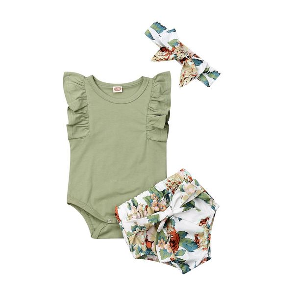 

0-24m newborn infant baby girls clothes ruffle sleeve romper floral shorts outfit, White