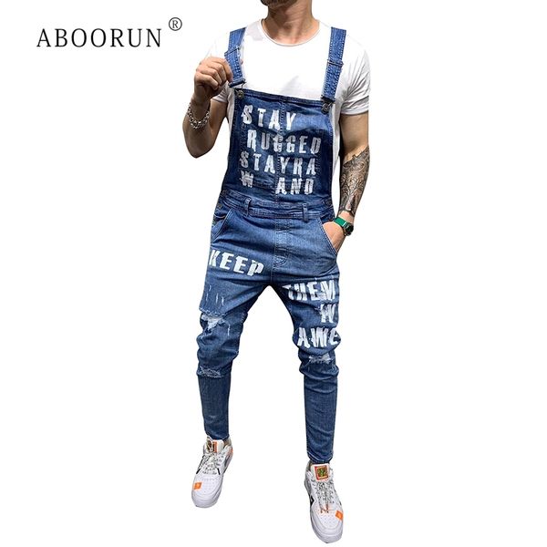 

aboorun men's fashion printed denim jumpsuits blue broken ripped bib overalls summer slim denim shorts for male r1232