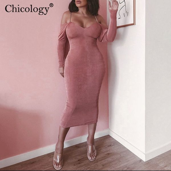 

chicology metal chain drop shoulder long sleeve midi dress women slim fit 2019 autumn winter elegant lady party clothes, Black;gray