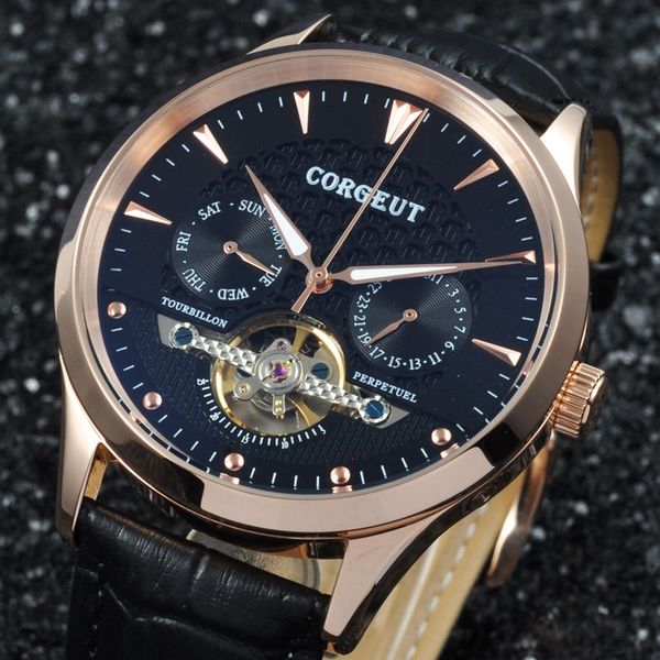 

corgeut 44mm black dial little domed glass rosegold case fashion mechanical date&day men automatic watch luxury brand, Slivery;brown