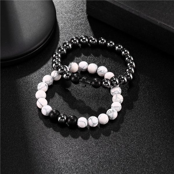 

8mm cross hematite beaded bracelet set men charm white turquoises women elastic bracelet pulseras, Black