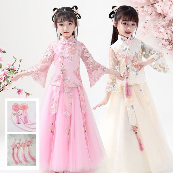 

2pcs modern chinese cheongsam new year dress for kids traditional chinese garments for child han dynasty dress, Red