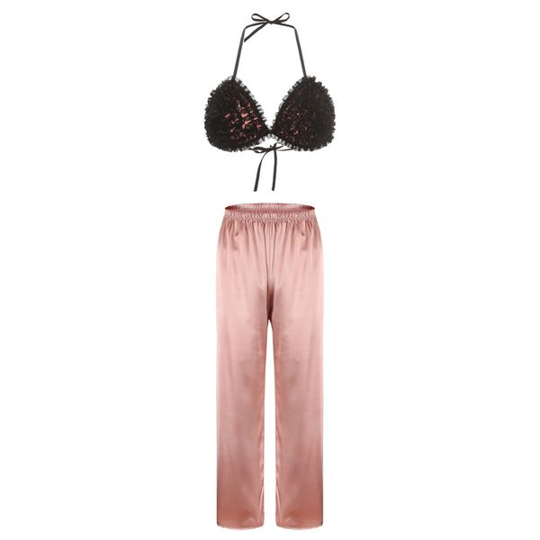

women's pajamas set frills detail triangle bra & satin pants pajamas set halter bralette with long pants honeymoon nightwea, Black;red
