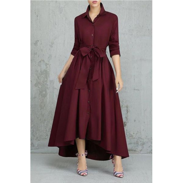 

elegant irregular long shirt dress women casual turn-down collar lace up bandage long sleeve dress office lady shirt robe, Black;gray