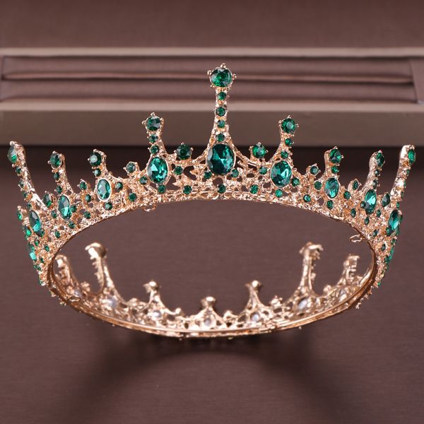

Vintage Baroque Green Crystal Round Queen Crown Wedding tiara Bridal Diadem Gold Color Headpiece Dress Wedding Hair Accessories