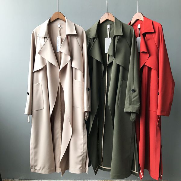 

2019 spring women long coat turn down collar harajuku women army green trench coat casaco feminino abrigo mujer trench femme, Tan;black