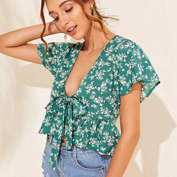 

women's blouses & shirts sweet women summer floral wide sleeve ruffles low-cut deep v neck front tie bow knot ladies casual blouse shir, White