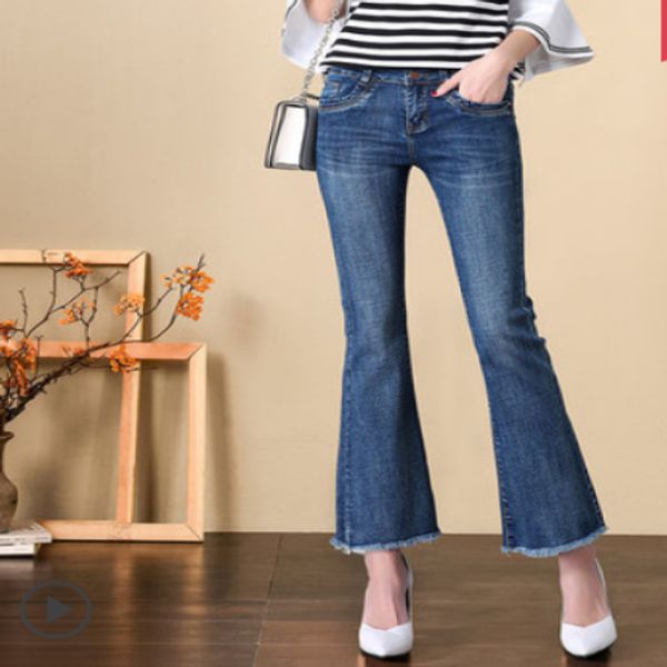 

blue flared jeans since waist drape bootleg jeans show thin panty straight rongchang pants