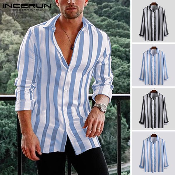 

incerun 2019 long sleeve men shirt lapel collar striped breathable fashion chic street brand casual shirts men camisa masculina, White;black