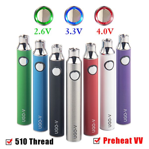 Пользовательские логотипа доступны 510 резьбовой батареи Micro USB UGO V VAPER PEN EVOD VV проход через регулируемое напряжение Vape 650mAh 900 мАч