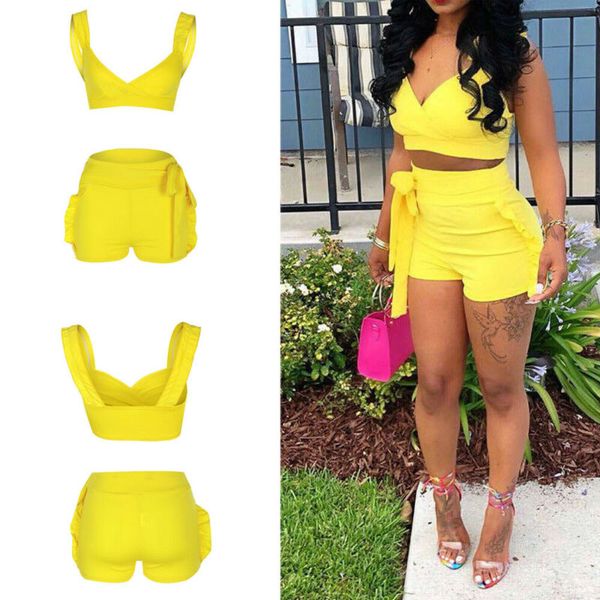 

yoga outfits women summer two piece set sport fitness crop high waist shorts gym clothes ruffles bow casual suit, White;red