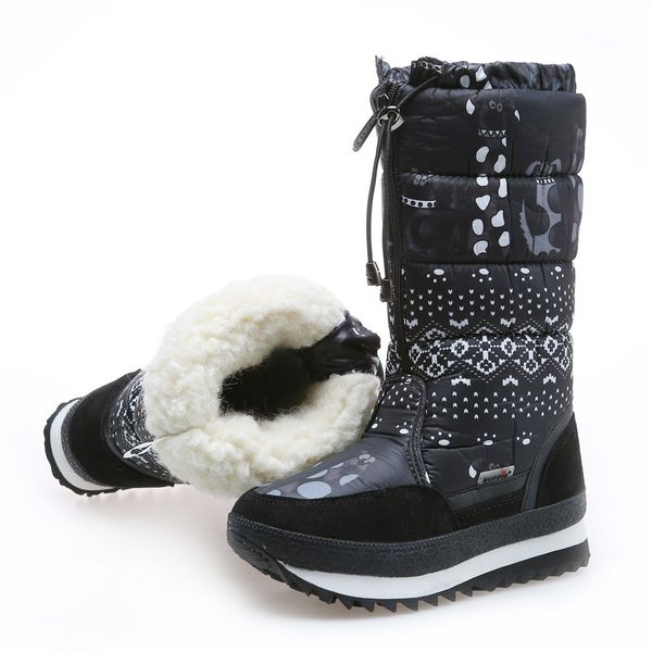 

winter snow boots women plush warm wedges mid-calf boots print zipper woman shoes platform thick sole botas mujer chaussures #30, Black