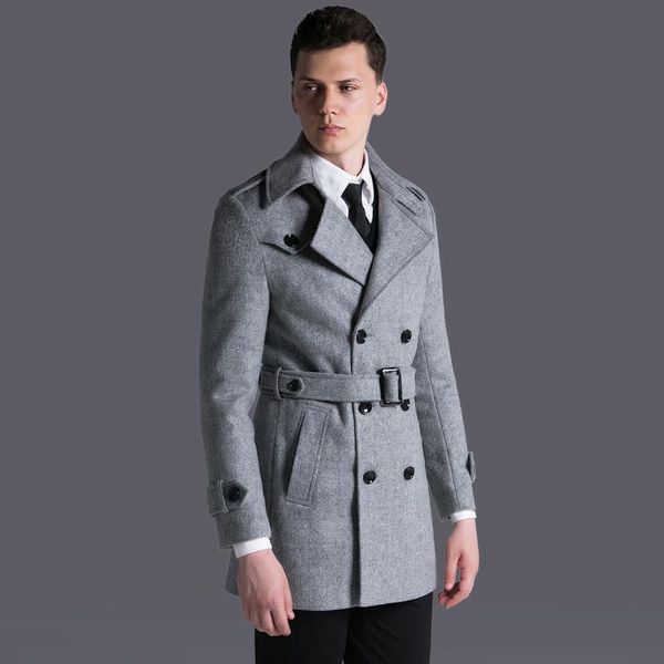

oln wool mens coat british medium length solid woolen men trench coats plus size 6xl luxury long causal business man coats, Black