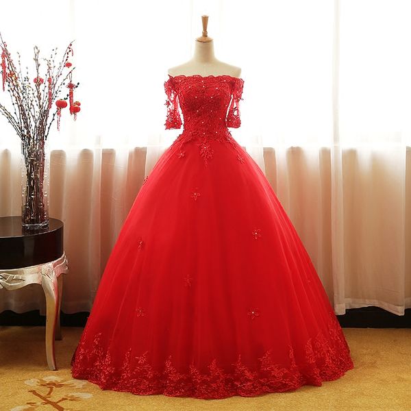 2019 Real Photo Red Lace Ball Ball Vestido Quinceanera Vestidos Frisados ​​Doce 16 Anos Festa de Prometo Vestido de Noite Vestidos de 15 Anos QC1463