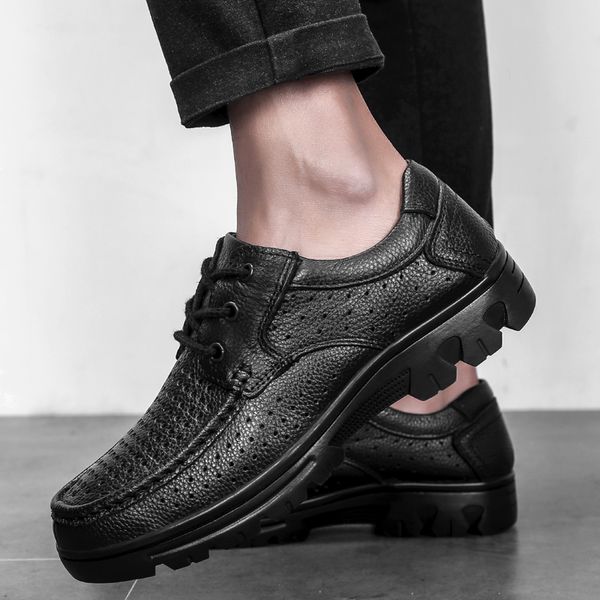 

genuine leather men shoes lace up soft men casual loafers shoes breathable fashion luxury flats big szie 49 l5, Black
