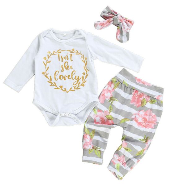 

newborn baby girls clothes romper+flower leggings pants+headband outfits 0-24m, White
